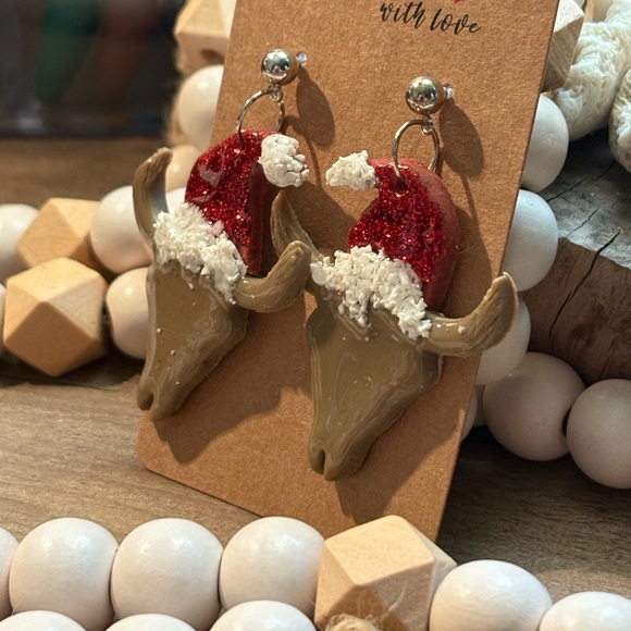 Bull Skull with Santa hat Earrings - Picture 3 of 3